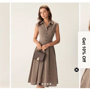 100% Cotton Brown Plaid Midi Dress Size M - NWT